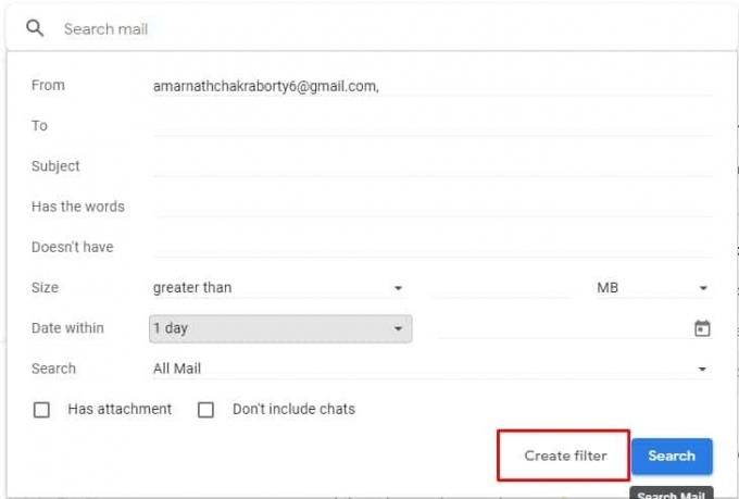 Введите адрес электронной почты и нажмите «Создать фильтр».