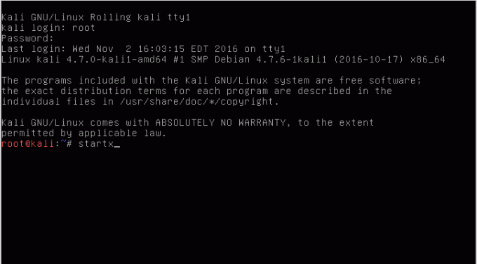 Запустить среду рабочего стола в Kali Linux