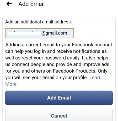 Добавить новый адрес электронной почты в приложение Facebook