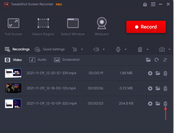Butonul de ștergere al Înregistrării - Tweakshot Screen Recorder