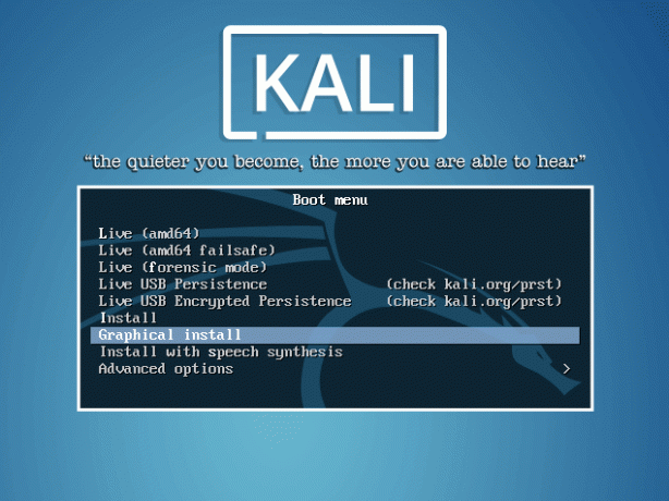 „Kali Linux“ įkrovos meniu