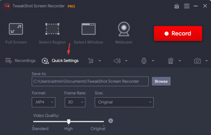 Setări rapide - Tweakshot Screen Recorder