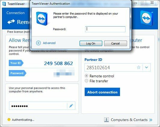 Para acessar outro computador, digite o ID do parceiro e a senha.