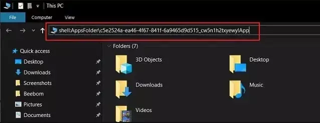 Kopieer en plak de patch in de adresbalk van Windows 10