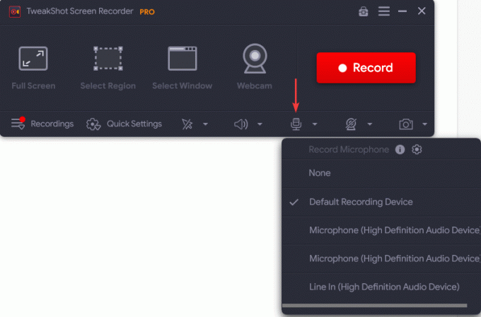 Opțiuni de setări microfon - Tweakshot Screen Recorder