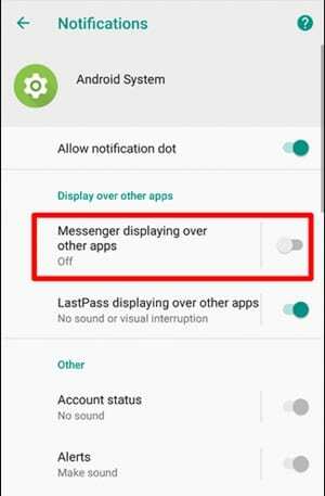Schakel de wordt weergegeven over andere apps-melding in Android uit 