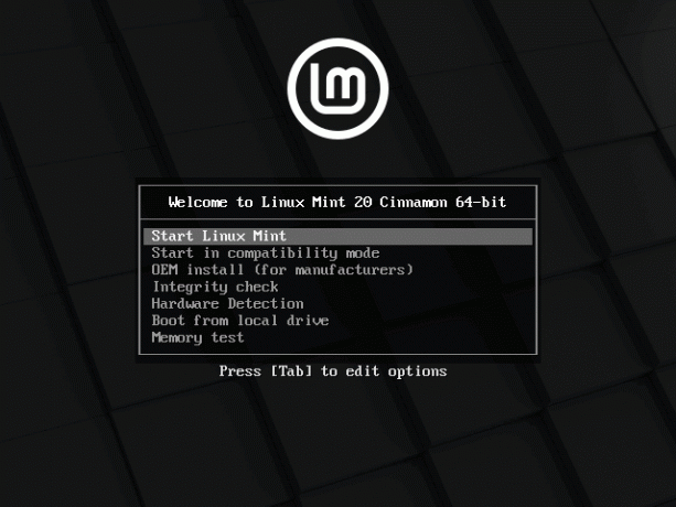 Selecione Iniciar instalação do Linux Mint Cinnamon