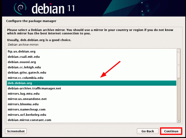 Wählen Sie Debian Mirror