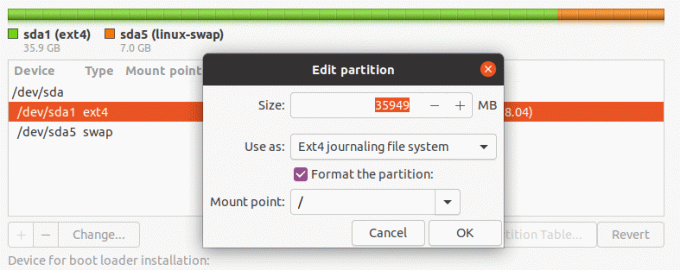 Urejanje particije za namestitev Ubuntu