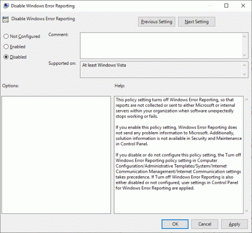 Dezactivați raportarea erorilor Windows