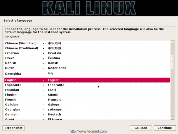 Escolha o idioma de instalação do Kali Linux