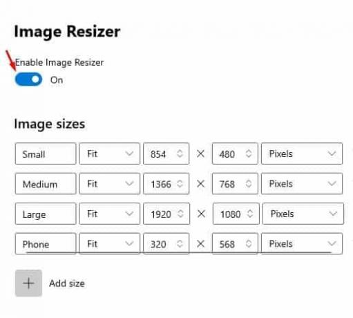 เปิดใช้งานตัวเลือก 'เปิดใช้งาน Image Resizer'