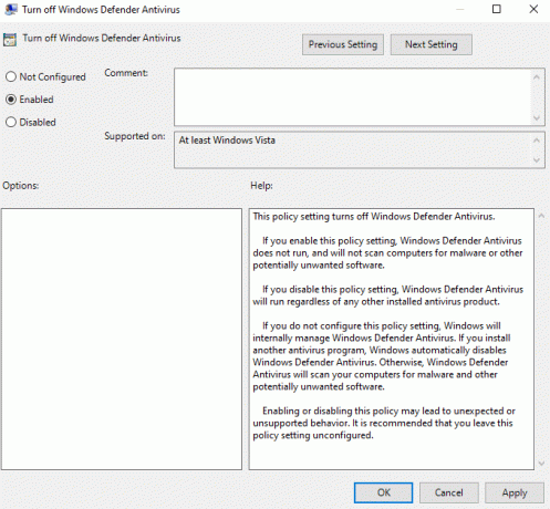 Apague el antivirus de Windows Defender