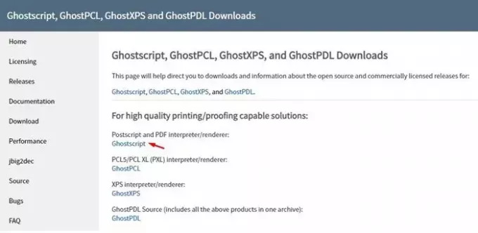 download de Ghostscript voor 'Postscript en PDF interpreter/render'