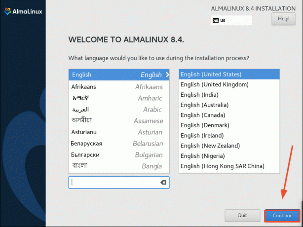 Velg AlmaLinux Language