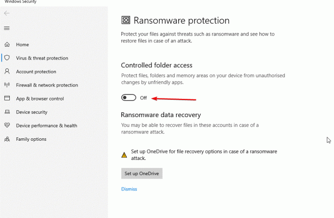 Protecția Ransomware este dezactivată