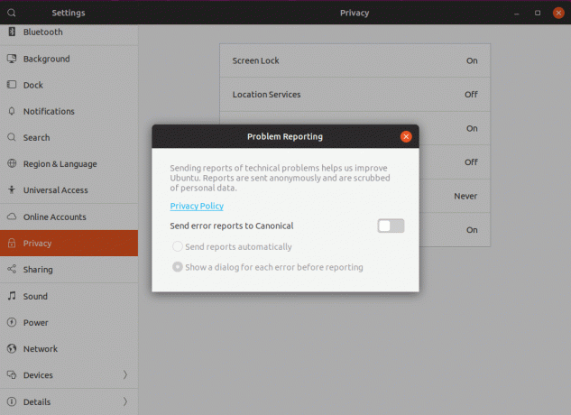 Ubuntu– ში პრობლემის მოხსენების გამორთვა