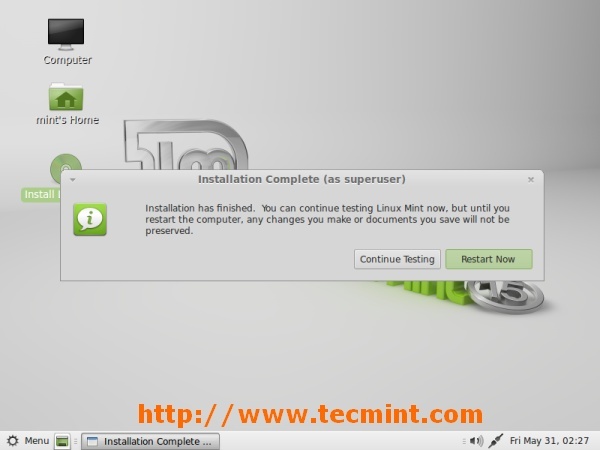 Linux Mint 15 Installation abgeschlossen